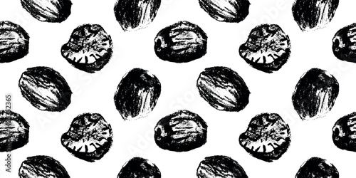 Charcoal hand drawn nutmeg pattern. Vector seamless design for packaging, textile, labels and spice branding.