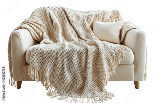 A cozy cream knitted throw blanket draped elegantly on a beige sofa creating a serene and inviting atmosphere with soft lighting and a on transparent background
