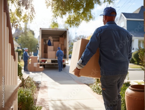 Efficient movers unloading boxes from a truck in a suburban neighborhood, symbolizing relocation and new beginnings. Ideal for moving services, real estate, and home improvement ads.