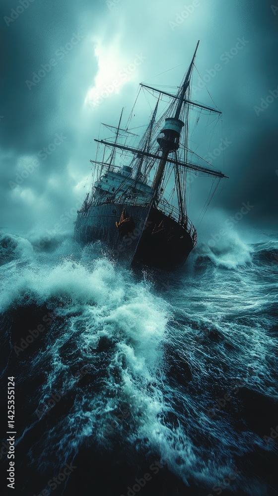 Obraz premium Two Ships Collide Amidst Stormy Seas, Symbolizing Nature's Unpredictable Power