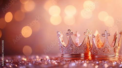 Two Sparkling Golden Crowns on Glitter Background