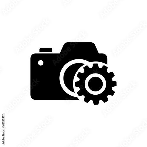Camera lens with gear icon inside representing technical content creation processes