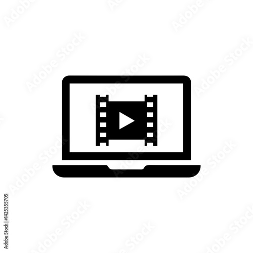 Laptop with film strip and play button inside symbolizing digital filmmaking and video content