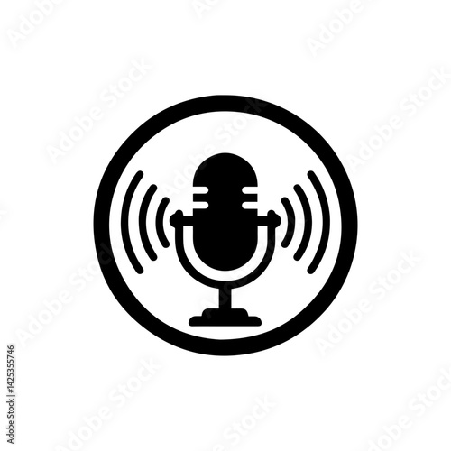 Microphone in Circle with Soundwaves - Professional Podcasting Symbol