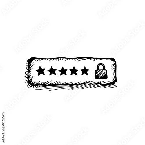 Hand-drawn sketch style of a password field with stars and padlock symbol inside, featuring a monochromatic color palette with thin, uneven lines and organic shapes