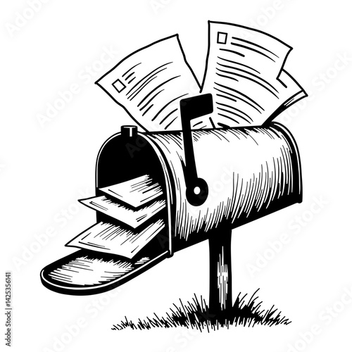 Mailbox overflowing with urgent insurance letters in hand-drawn sketch style, featuring a monochromatic color palette