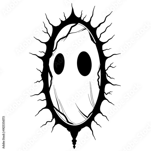 Clean and detailed line art style of broken mirror with ghost face in reflection, featuring bold black outlines on a white background