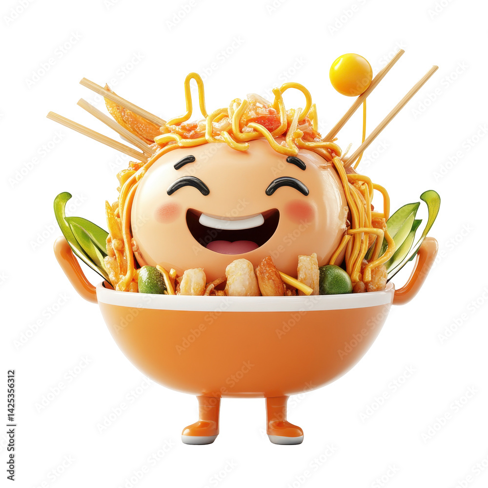Playful bowl character with noodles and toppings in a cheerful display of creativity and fun