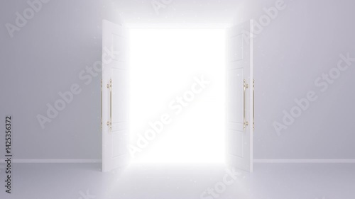 両扉が開いて閉じる光の中に入っていくアニメーション