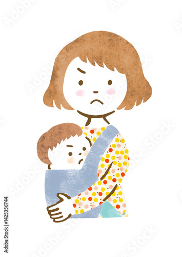 抱っこ紐で赤ちゃんを抱っこする怒った顔の母親の手描きイラスト