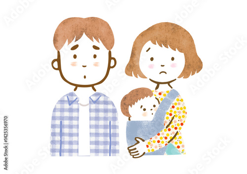 赤ちゃんを抱っこする母親と父親の家族イラスト（困った顔・上半身）