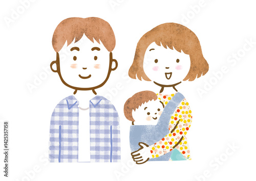 赤ちゃんを抱っこする母親と父親の家族イラスト（上半身）