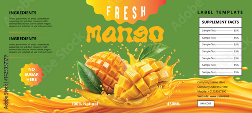 Fresh Mango Juice Bottle Label With Nutrition Facts And Green Background Design