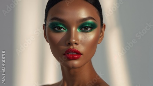 Asian woman showcasing vibrant makeup against a soft background  