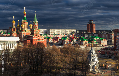 Top view on the Kremlin Tower copy from the Moscow and Cathedral of the Annunciation of the Holy Virgin Mary. Archangel sloboda and Square of the Holy Virgin Mary, Yoshkar-Ola city.