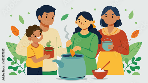 A family gathered around a pot of boiling water with herbs and es simmering together a homemade tea to soothe their coughs and sore throats..