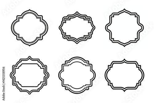 Six Black Outline Frames on White, Decorative Geometric Border Elements