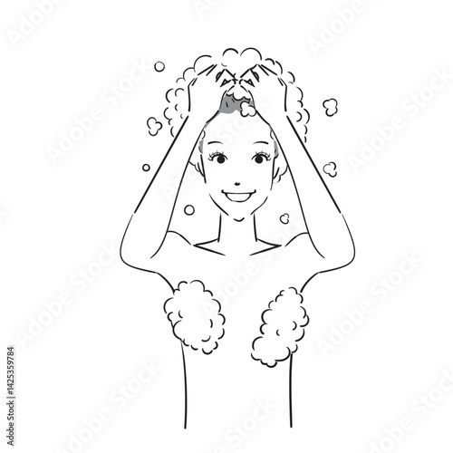 ベクター, イラスト, 洗髪, シャワー, お風呂, バスタイム, 髪を洗う, 髪, ヘアー, ヘアケア, ヘアサロン, ヘアトリートメント, シャンプー, トリートメント, リンス, ビューティー, 美容, 美容院, 美容室, 人物, 日本人, 女性, かわいい, 白バック, 上半身, 髪の毛, ヘアエステ, ヘッドスパ, プロフェッショナルケア, ロングヘア, バスルーム, ヘッドマッサージ,
