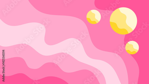 Abstract composition with yellow circles and a pastel color of pink. Minimalist soft elegant fluid or liquid design for wallpaper.