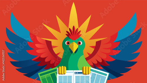A propaganda parrot with vibrant feathers repeating sensationalized headlines without understanding their implications..