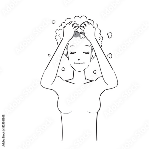 ベクター, イラスト, 洗髪, シャワー, お風呂, バスタイム, 髪を洗う, 髪, ヘアー, ヘアケア, ヘアサロン, ヘアトリートメント, シャンプー, トリートメント, リンス, ビューティー, 美容, 美容院, 美容室, 人物, 日本人, 女性, かわいい, 白バック, 上半身, 髪の毛, ヘアエステ, ヘッドスパ, プロフェッショナルケア, ロングヘア, バスルーム, ヘッドマッサージ,