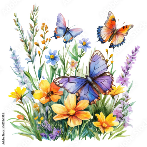 Butterfly garden in full bloom, watercolor illustration, isolated on a white background.

