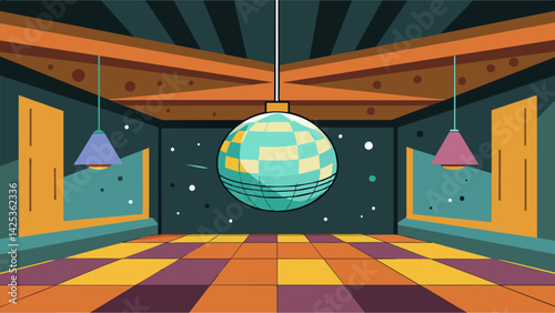 A makeshift dance floor under a disco ball in the middle of a rustic warehouse evoking the underground club scene of the 1980s at the Retro Music Vector illustration