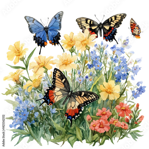 Butterfly garden in full bloom, watercolor illustration, isolated on a white background.

