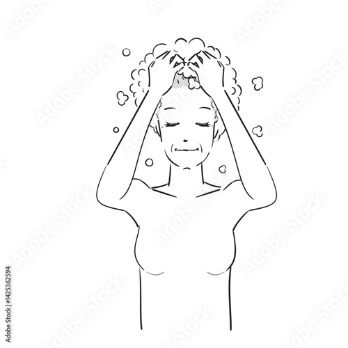 ベクター, イラスト, 洗髪, シャワー, お風呂, バスタイム, 髪を洗う, 髪, ヘアー, ヘアケア, ヘアサロン, ヘアトリートメント, シャンプー, トリートメント, リンス, ビューティー, 美容, 美容院, 美容室, 人物, 日本人, 女性, かわいい, 白バック, 上半身, 髪の毛, ヘアエステ, ヘッドスパ, プロフェッショナルケア, ロングヘア, バスルーム, ヘッドマッサージ,