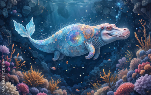 A dreamy watercolor hippocampus swimming through a magical reef, with shimmering scales, flowing fins, and ocean sparkle.
