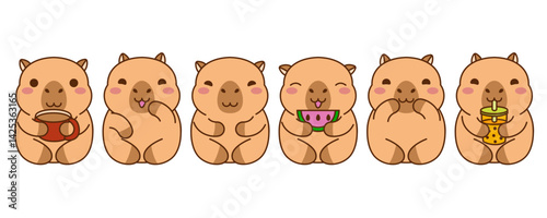Cute capybara with bubble tea, watermelon, cup of coffee. Happy kawaii Capibara sticker clipart animal illustration. Wombat kapibara. Stock vector illustration isolated on white background.