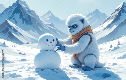 A cuddly watercolor yeti building a snowman in a mountain clearing, with soft blue shadows, snowy textures, and a warm scarf.

