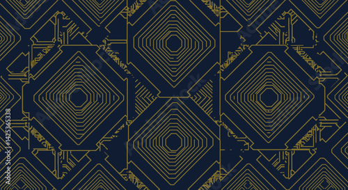 Geometric gold lines on dark blue create a repeating pattern of concentric diamond shapes