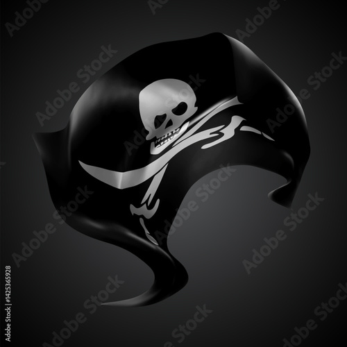 Pirate, vector 3d flag with waves on a black background