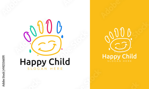 Happy child logo design. Symbol with palm colorful, line, and smile concept for kindergarten icon
