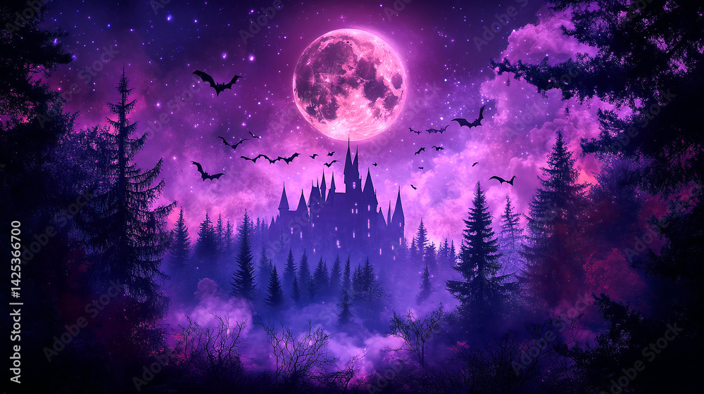 Naklejka premium Dark Halloween landscape with a haunted castle and bats in the sky at full moon at night. Halloween wallpaper background illustration in purple and black