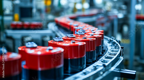 Description: A close-up view of a manufacturing line mass-producing batteries. The industrial setting emphasizes modern automation and the growing demand for efficient energy storage solutions