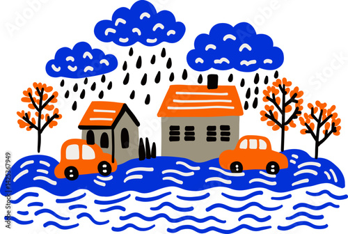Hand Drawn Natural Disaster Weather Storm Illustration With Heavy Rain Flooded Cars And Submerged Houses