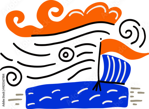 Hand Drawn Natural Disaster Weather Storm Illustration With Strong Winds Clouds And A Boat In Rough Sea