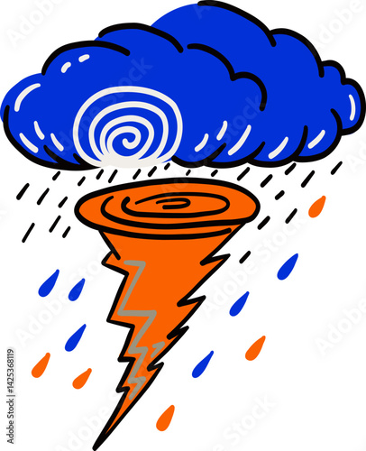 Hand Drawn Natural Disaster Weather Storm Illustration With Twister Lightning Cloud And Heavy Rainfall