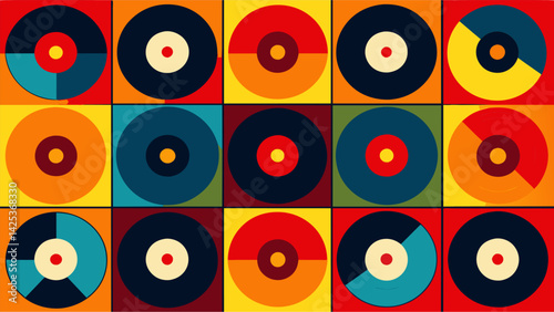 A grid of vinyl record covers featuring bold and vibrant solid colors from blazing red to sunny yellow. Vector illustration