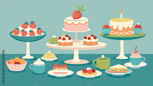 A dessert table adorned with vintage cake stands and plates all sourced from local thrift stores and filled with homemade treats made from locally. Vector illustration