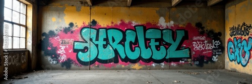 Faded graffiti on worn concrete walls amidst abandoned industrial scenery, faded colors, urban ruin, neglect