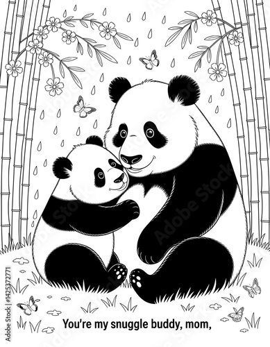 A heartwarming black and white coloring page featuring a loving panda mom and her baby, nestled together in a bamboo forest