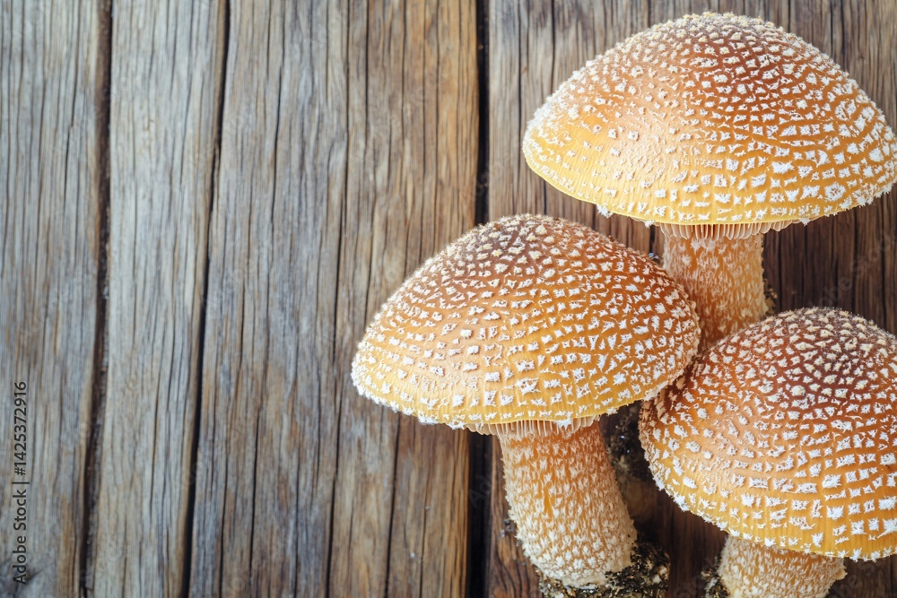 Obraz premium Three Mushrooms on Weathered Wooden Background
