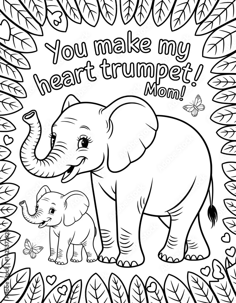 Fototapeta premium A heartwarming coloring page featuring a mother and baby elephant, surrounded by leaves and hearts