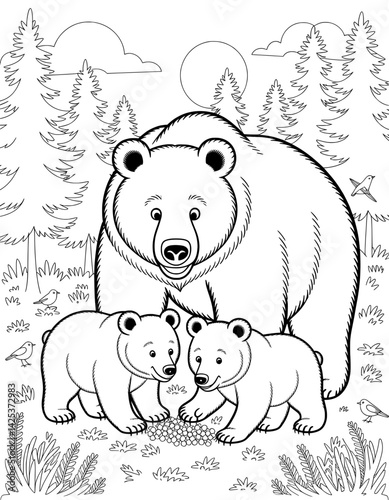 Adorable black and white illustration of a mama bear and two cubs in a forest setting