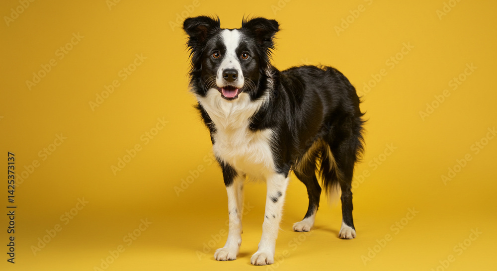 Fototapeta premium Standing dog looking forward on yellow background