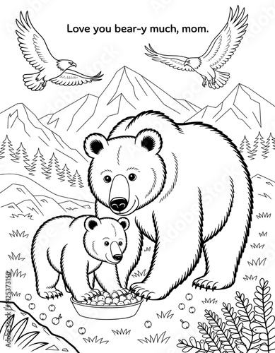 A black and white coloring page featuring a mother bear and her cub in a mountainous landscape