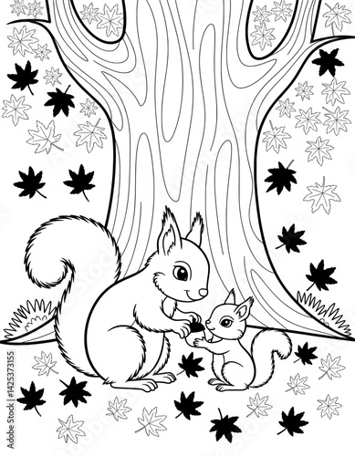 Cute, outlined illustration of a mother squirrel and her baby sharing a nut beneath a stylized autumn tree